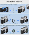Installation steps for Lens Filter Adapter Ring For Fuji X100V X100VI Cameras, 49mm Thread Lets You Attach UV CPL ND Filters.