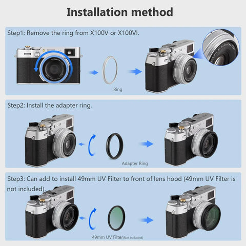 Installation steps for Lens Filter Adapter Ring For Fuji X100V X100VI Cameras, 49mm Thread Lets You Attach UV CPL ND Filters.