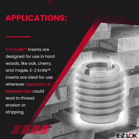 Knife Threaded Stainless Wood Insert 0.5 Inch Long 0.625 Inch Outer Diameter Built For Heavy Duty 1/4-20 Internal Threads 18-8 Stainless Steel Pack Of 10 For Furniture Projects Cabinets And Displays shown against wooden background with application details.