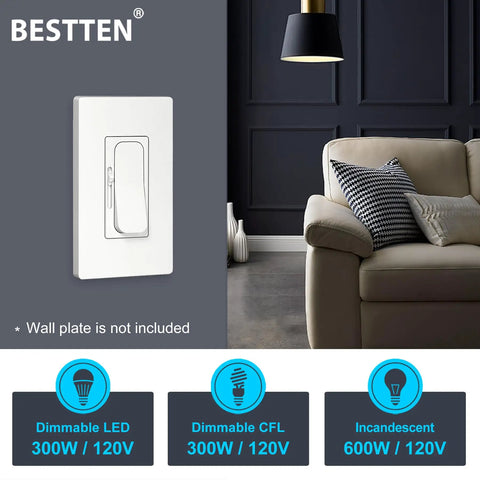 Living room with Five Pack Ultra Slim Quiet Dimmer Switches, Smooth Slide Dimming For Single Pole And 3 Way Wiring, ETL Listed White