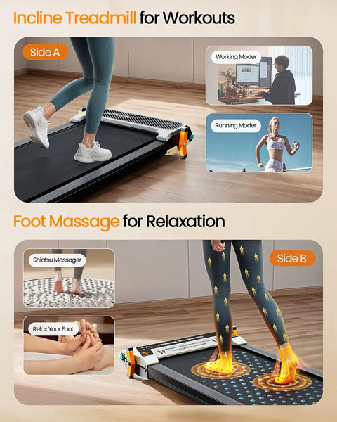 Dual-Sided Walking Pad Treadmill With Incline And Shiatsu Foot Massager showing incline workout and foot massage modes.