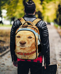Bone Tag Golden Dog Printed Backpack on person walking in park, large capacity, durable polyester, dope animal print, smooth zipper