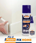 Cyanoacrylate Glue And Instant Activator Spray Set shown with usage on wood trim, includes two 1.77 oz glue bottles and 6.76 fl oz activator.