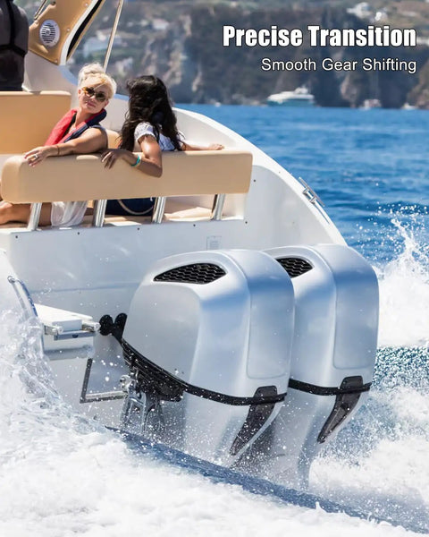 Boat with two outboard motors using 12Ft Throttle And Shift Remote Control Cable For Johnson Evinrude Outboard Motors Dual Pack Replacement