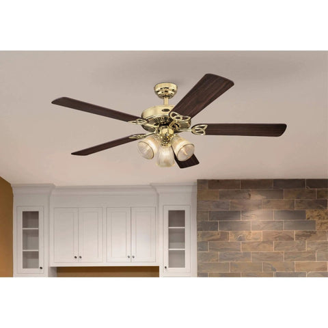 52 Inch LED Indoor Ceiling Fan With Light Kit, Polished Brass Finish, Reversible Walnut And Oak Blades, Big Room Ready Up To 225 Sq Ft