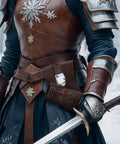 Close-up of PU Leather Medieval Sword Dagger Frog Scabbard with Adjustable Rope, vintage style, brown color on warrior belt.