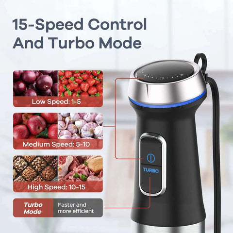 Hella Sick Corded Immersion Blender Pumps Out 1000 Watts Raw Power With 8 Interchangeable Attachments And Durable Stainless Steel Blades for 15-speed control.