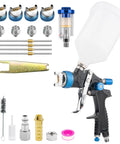 Heavy Duty Hvlp Gravity Feed Spray Gun With Triple Adjust Dials And Air Gauge Running Slick For Car Paint Primer And Top Coat visible components include spray gun, nozzles, and tools.