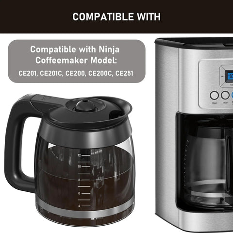 12-cup glass coffee carafe with black handle and lid, replacement compatible with Ninja CE201/CE201C/CE200/CE200C/CE251 brewers