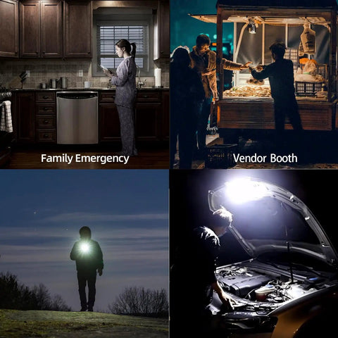 Scenes illustrating the use of Hanging Camping Tent Light LED Rechargeable Portable Lantern Waterproof Outdoor Camp Lamp.