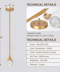 Technical details of Crystal Teardrop Pendant Light 2 Pack Gold Brushed Brass Finish Glass Globe Hanging Lamps For Kitchen Island Dining Room Bar Sleek Modern Pendant Lighting That Elevates Your Vibe.