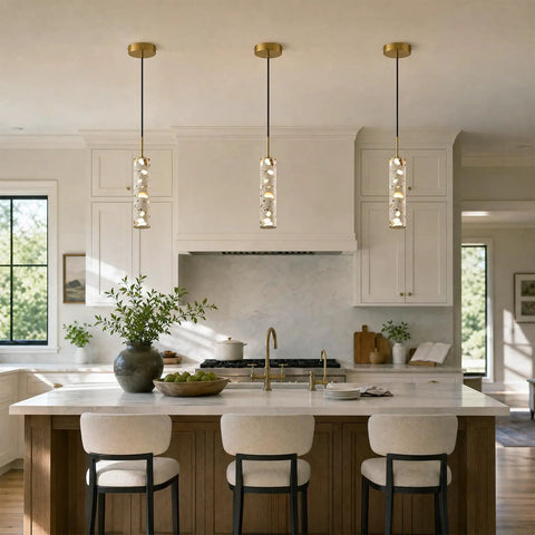 Modern Cement Pendant Lights, Hanging Lamp for Kitchen Island,6000K,2 Pack above a kitchen island with elegant gold accents.