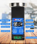 Shop Tested Digital Camber Gauge For Car Alignment Plus Suspension Tuning shows digital screen with bubble level and buttons.