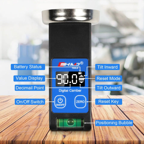 Shop Tested Digital Camber Gauge For Car Alignment Plus Suspension Tuning shows digital screen with bubble level and buttons.