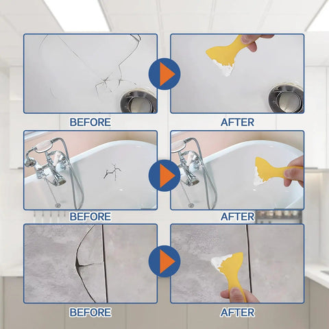Before and after results using Porcelain Repair Kit With Two 50g Tubes, Waterproof Fiberglass Tile And Tub Repair Kit on surfaces.