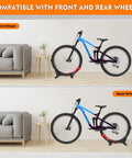Red Bike Floor Stand For Garage Storage Portable Front And Rear Wheel Parking Rack Fits 24 To 29 Inch Bikes Tire Width Up To 3.5 Inches Road And Mountain Bicycle Stand With Secure Three Point Locking System shown with bike on front and rear wheel in living room.