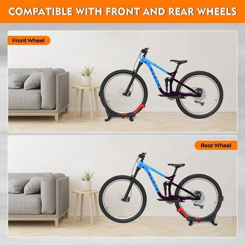 Red Bike Floor Stand For Garage Storage Portable Front And Rear Wheel Parking Rack Fits 24 To 29 Inch Bikes Tire Width Up To 3.5 Inches Road And Mountain Bicycle Stand With Secure Three Point Locking System shown with bike on front and rear wheel in living room.