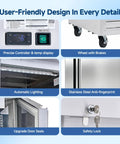 User-friendly features of Top Shelf 54 Inch Commercial Reach In Freezer, 49 Cubic Feet Two Door Cold Storage Cabinet, including controls and wheels.