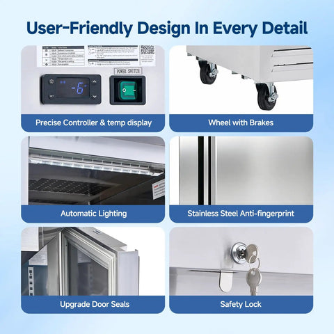 User-friendly features of Top Shelf 54 Inch Commercial Reach In Freezer, 49 Cubic Feet Two Door Cold Storage Cabinet, including controls and wheels.