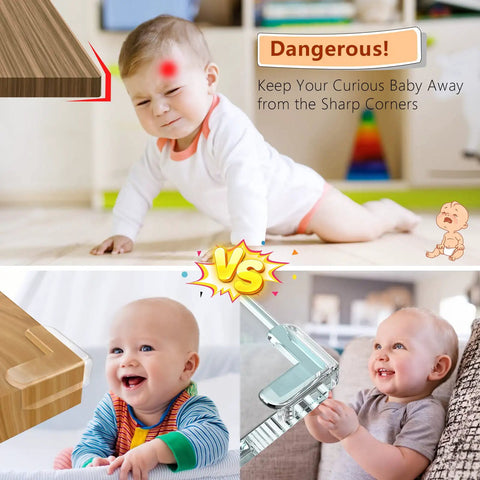 Baby playing near furniture with transparent corner protector guards for baby proofing, preventing injury from sharp edges.