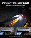 60 Amp Plasma Cutter With Non-Touch Pilot Arc, Dual Voltage 110V 220V, cutting through metal with precise clean cuts, LED display.