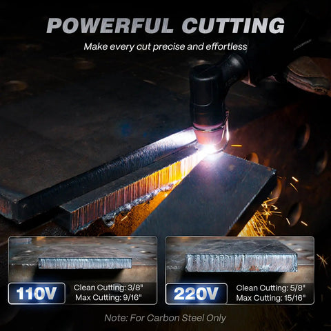 60 Amp Plasma Cutter With Non-Touch Pilot Arc, Dual Voltage 110V 220V, cutting through metal with precise clean cuts, LED display.