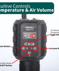 Control panel of a multi purpose heat gun for crafts and DIY projects with adjustable 212F to 932F air temperature.
