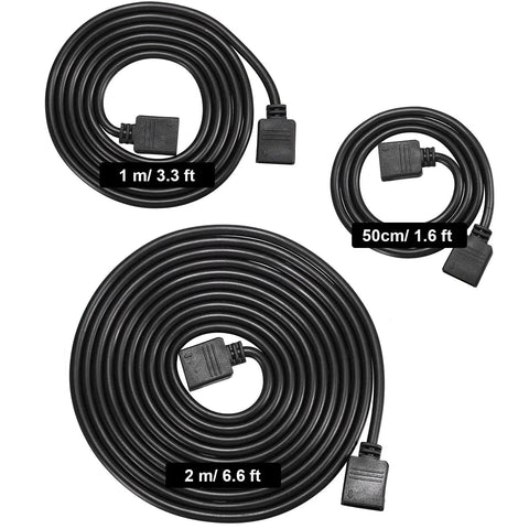 Six Piece 4 Pin RGB Extension Cable Set For LED Strip Lights Plug And Play With Twelve Male Pin Connectors Compatible With 5050 And 3528 RGB Strips Includes 1.6 Ft 3.3 Ft And 6.6 Ft Lengths Black, coiled cables