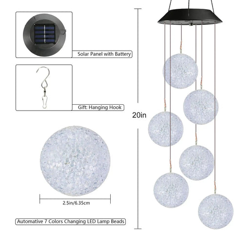 Solar Wind Chime With Color Changing Led Balls Waterproof Outdoor Lights For Garden Patio Yard Window Hands Free Auto Charged By Sun Night Glow Lit Six Ball Lights Last 8 To 10 Hours Perfect Gift For Mom And Grandma, six LED balls and solar panel detail.