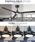 52 Inch Indoor Outdoor Ceiling Fan With Lights And Remote, Matte Black Dope Modern Look, brightness adjust LED, 3 color temperatures