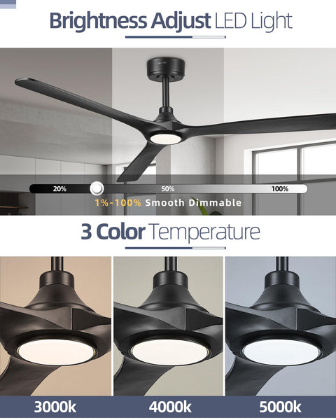 52 Inch Indoor Outdoor Ceiling Fan With Lights And Remote, Matte Black Dope Modern Look, brightness adjust LED, 3 color temperatures