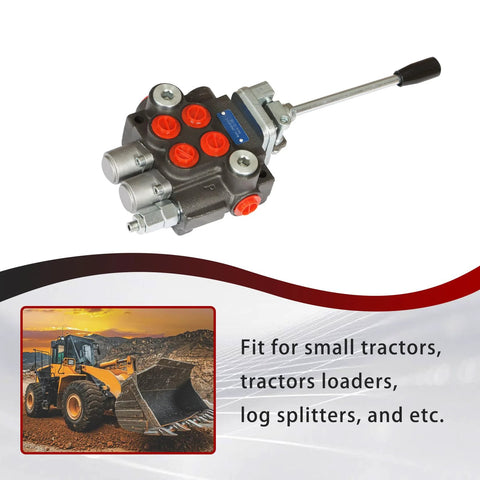 2-spool hydraulic control valve with lever handle, gray body and red port plugs