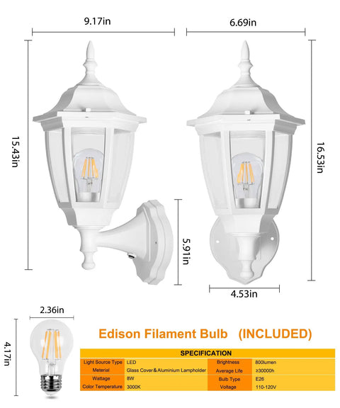 Durable Outdoor Wall Light With Dusk To Dawn Sensor, White Anti Corrosion Plastic Fixture With LED Edison Filament Bulb Display