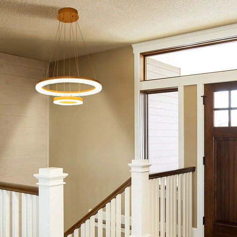 Lit 2 Ring Gold Crystal Chandelier With LED Integrated Dimmable 3000K Warm White Ceiling Lights hanging over staircase