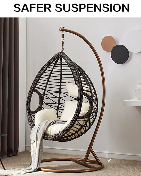 Ultimate Hanging Kit For Egg Hammock Chair With Steel Spring Pin Plug Hardware And 500Lb Capacity For Hanging Baskets Chairs Hammocks And Porch Swings Brown installed view in modern room with egg chair hung from stand.