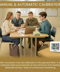 Handy Portable CO2 Monitor And Indoor Air Quality Tracker With Dead On Temperature Humidity Readings Foldable Stand Color Sound Alerts White Battery in a classroom.