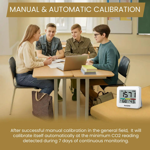 Handy Portable CO2 Monitor And Indoor Air Quality Tracker With Dead On Temperature Humidity Readings Foldable Stand Color Sound Alerts White Battery in a classroom.