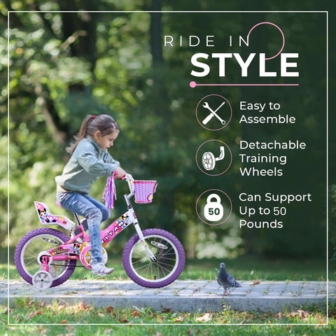 Girl riding Girls 16 Inch BMX Bike With Training Wheels, Utility Basket And Streamers, Pink Kid Bike for beginners aged 4 to 9.