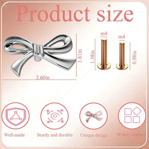 Pink And Silver Bow Dresser Knobs For Kids Rooms, Zinc Alloy 3D Decorative Drawer Pulls, screw sizes 1.38in and 0.98in, product size dimensions