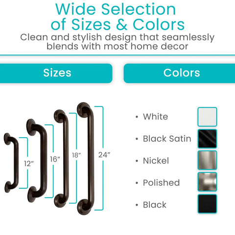 Solid as a Rock Shower Grab Bar Heavy Duty Bathroom Handrail in various sizes and colors for senior mobility safety.