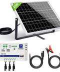 Off Grid 25W 12V Solar Battery Charger Kit with waterproof panel, adjustable mount, SAE cable, and 10A charge controller.