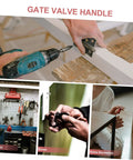 Person using a drill and installing a shut off valve knob with red handle for water fittings, gate ball valve.