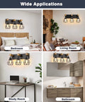 Three Light Farmhouse Vanity Light Fixtures with Wood Accents in bedroom, living room, study room, and bathroom settings