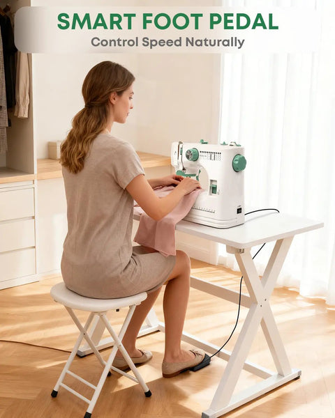 Woman using Solid Pick Portable Mini Sewing Machine For Beginners Featuring 12 Built In Stitches And Easy Hook Up Foot Pedal with fabric.