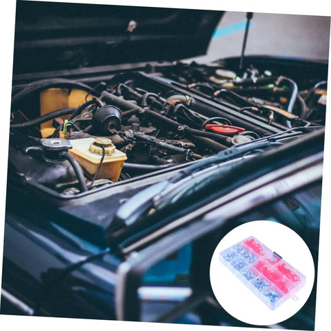 Zerk Fitting 100Pcs Assortment Kit With Straight And Grease Nipples alongside an open car engine for maintenance use.
