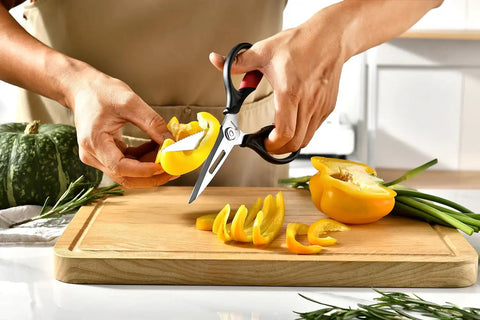 Heavy Duty Come Apart Kitchen Scissors For Chicken Meat And Veggies Easy To Clean Split Kitchen Shears cutting yellow pepper