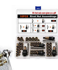 Garage Ready Carbon Steel Rivet Nut Tool Kit M3 To M8 Hand Crimping Pliers with assorted rivet nuts in storage box.