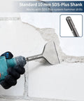 SDS Plus Tile Removal Cranked Bent Chisel Bit Three Inch Wide Six And A Half Inch Long For Rotary Hammer Drill Workhorse Heavy Duty Ergonomic Fifteen Degree Working Angle Alloy Steel 40CrMo Shovel For Ceramic Tile Cement Thinset Mortar FS18365 in use with hammer drill on wall surface