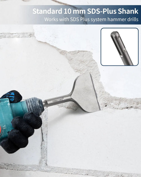 SDS Plus Tile Removal Cranked Bent Chisel Bit Three Inch Wide Six And A Half Inch Long For Rotary Hammer Drill Workhorse Heavy Duty Ergonomic Fifteen Degree Working Angle Alloy Steel 40CrMo Shovel For Ceramic Tile Cement Thinset Mortar FS18365 in use with hammer drill on wall surface