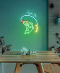 Neon Fishing Sign With Green Fish And Ice Blue Lemon Rods USB Powered Acrylic Wall Art for living room decor